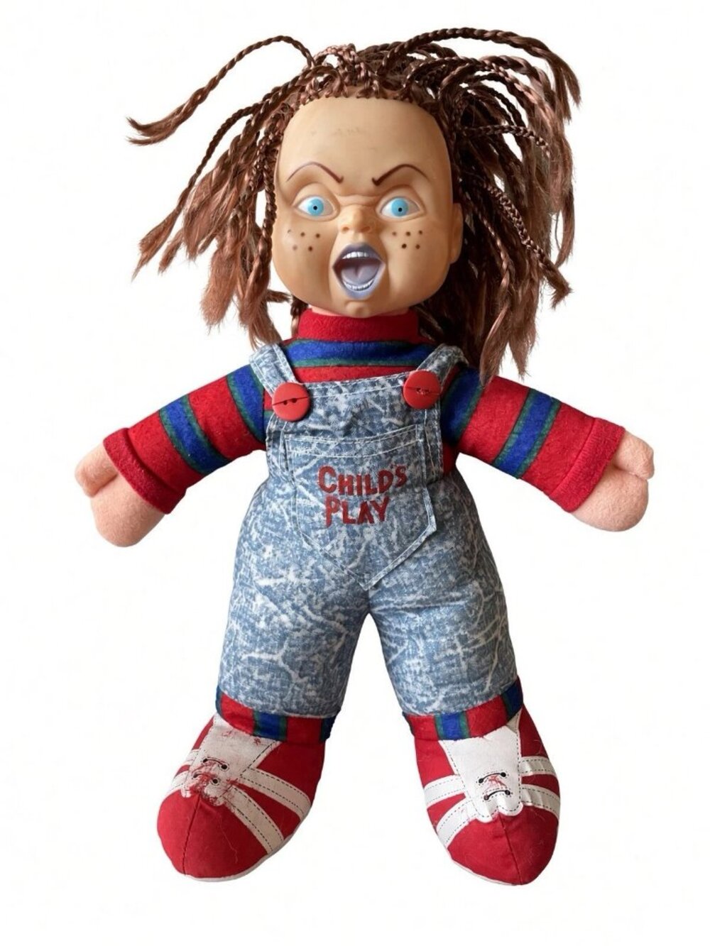 Child's Play Chucky Doll Vinyl Head Soft Body Overalls Used 13”